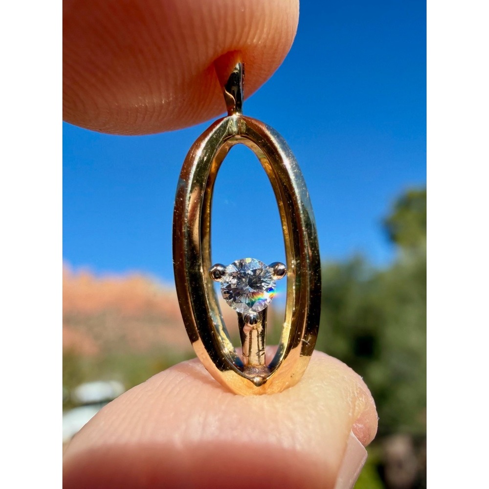 Vintage 14k Yellow Gold Oval Diamond Pendant‎ Necklace Solitaire Brilliant Cut